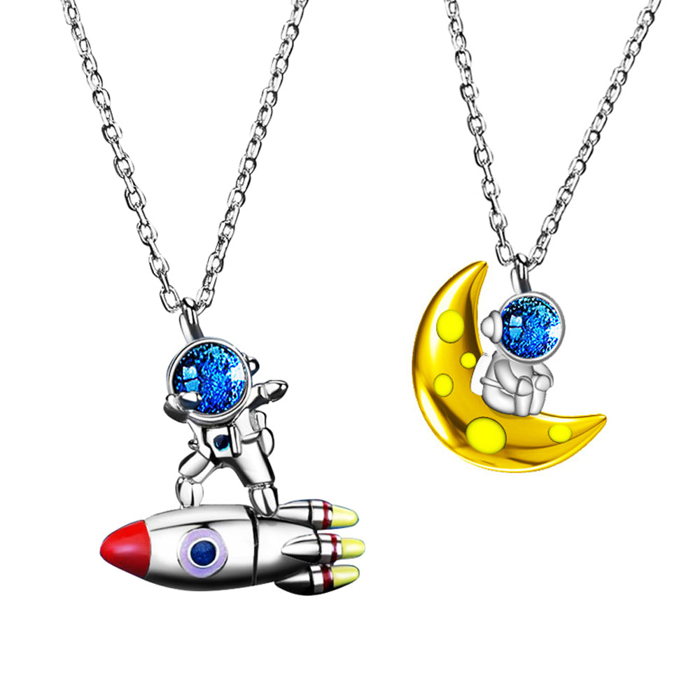 Astronaut Necklace for Women Men 925 Sterling Silver Crystal Moon Spaceman  Pendant Jewelry Christmas Gifts